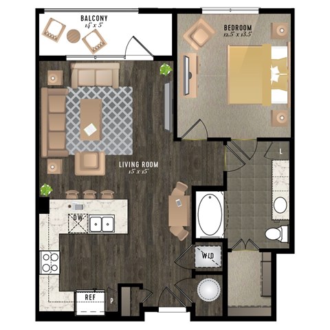 A floor plan of a house with a living room, bedroom, and balcony.